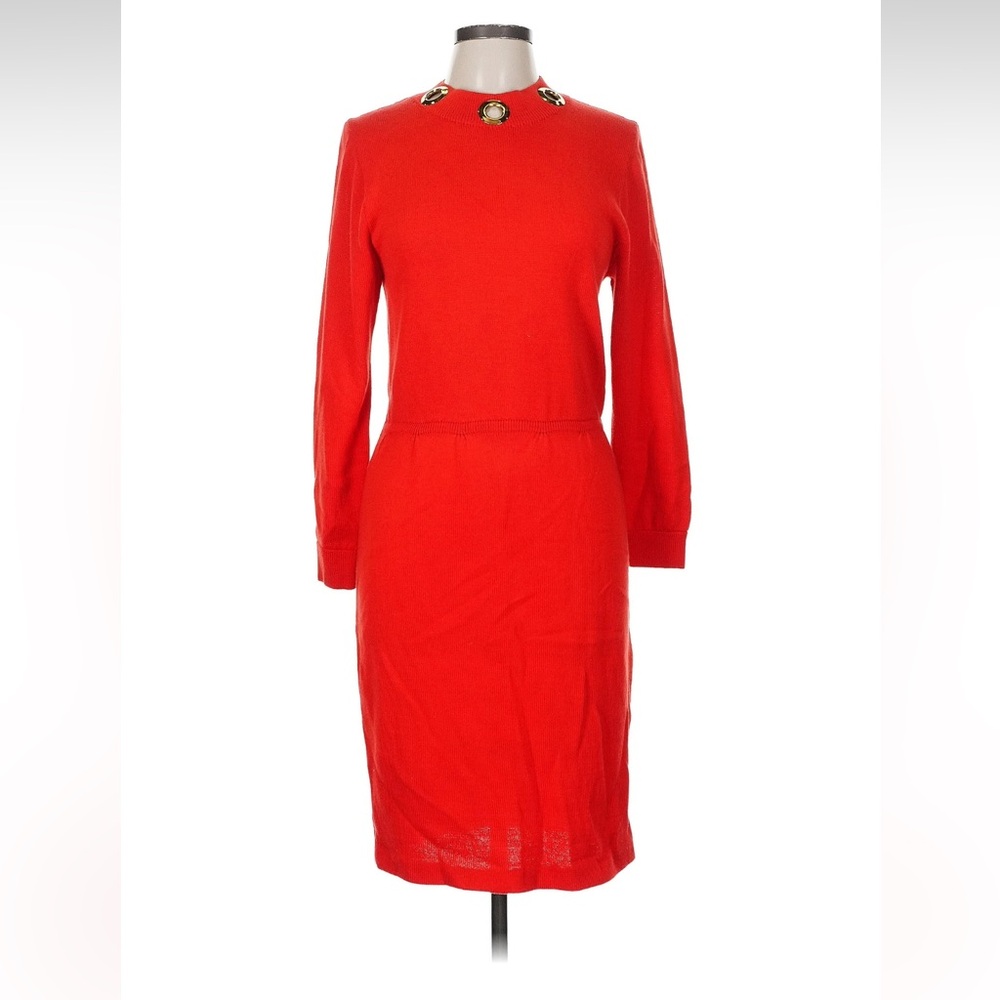St. John Collection Red Long Sleeve Dress with Embellished Neckline